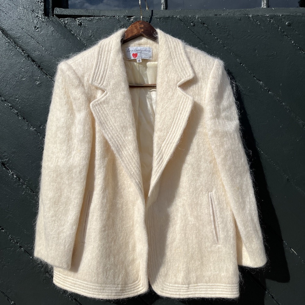 Vintage George David Fashions mohair coat Sz 10 Open Cardigan Jacket White